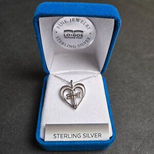 Radiant Heart with Cross Sterling Silver Necklace By Logos Jewelry w Velvet Box